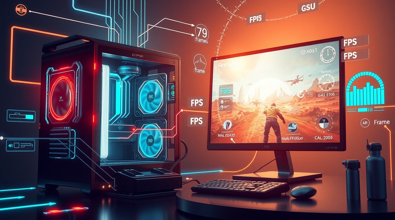 A gaming PC setup with glowing CPU and GPU components connected by digital data lines, and a monitor displaying smooth gameplay with floating FPS counters
