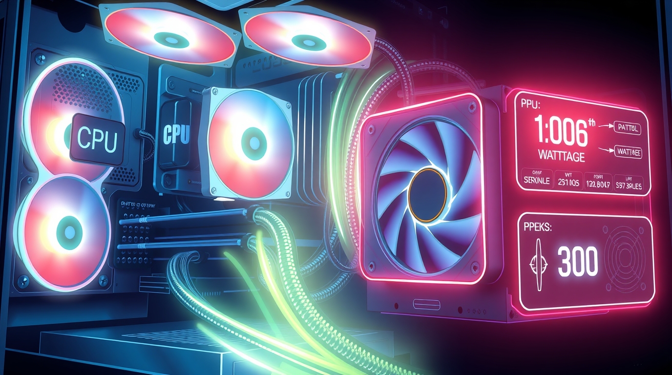 Detailed digital illustration of a custom gaming PC build highlighting the power supply unit (PSU).