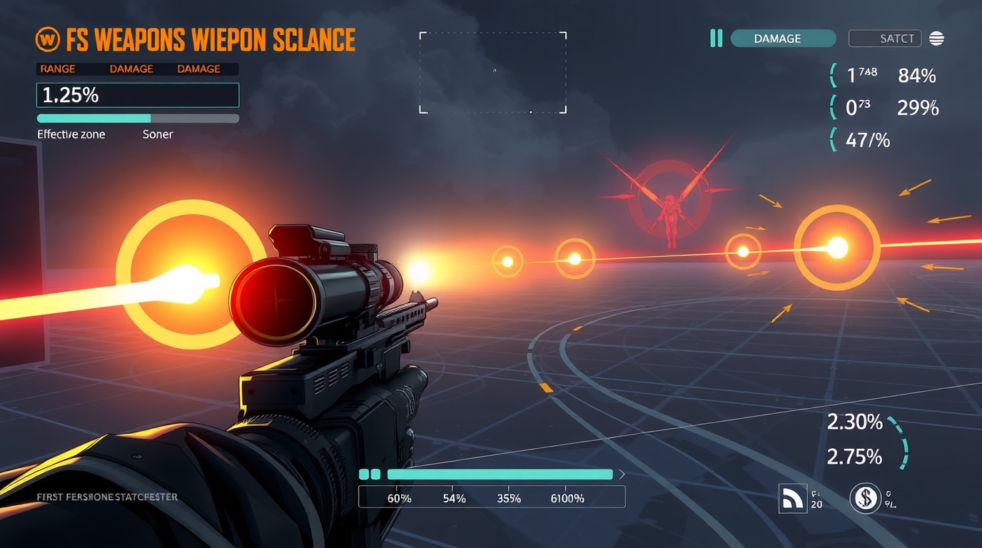 First-person shooter themed digital illustration showing weapon damage falloff over distance