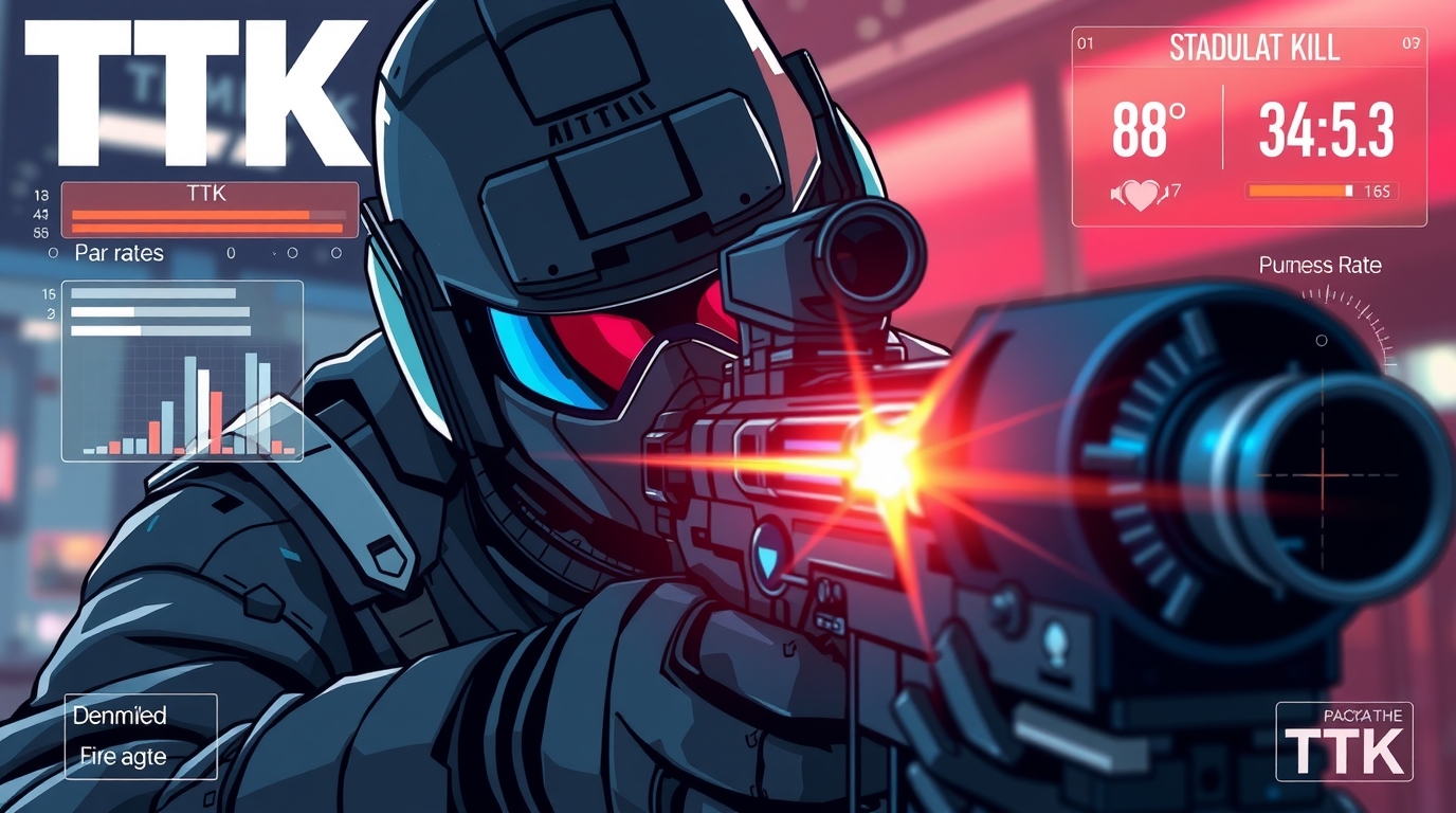 High-impact FPS-themed digital illustration representing Time to Kill (TTK) mechanics