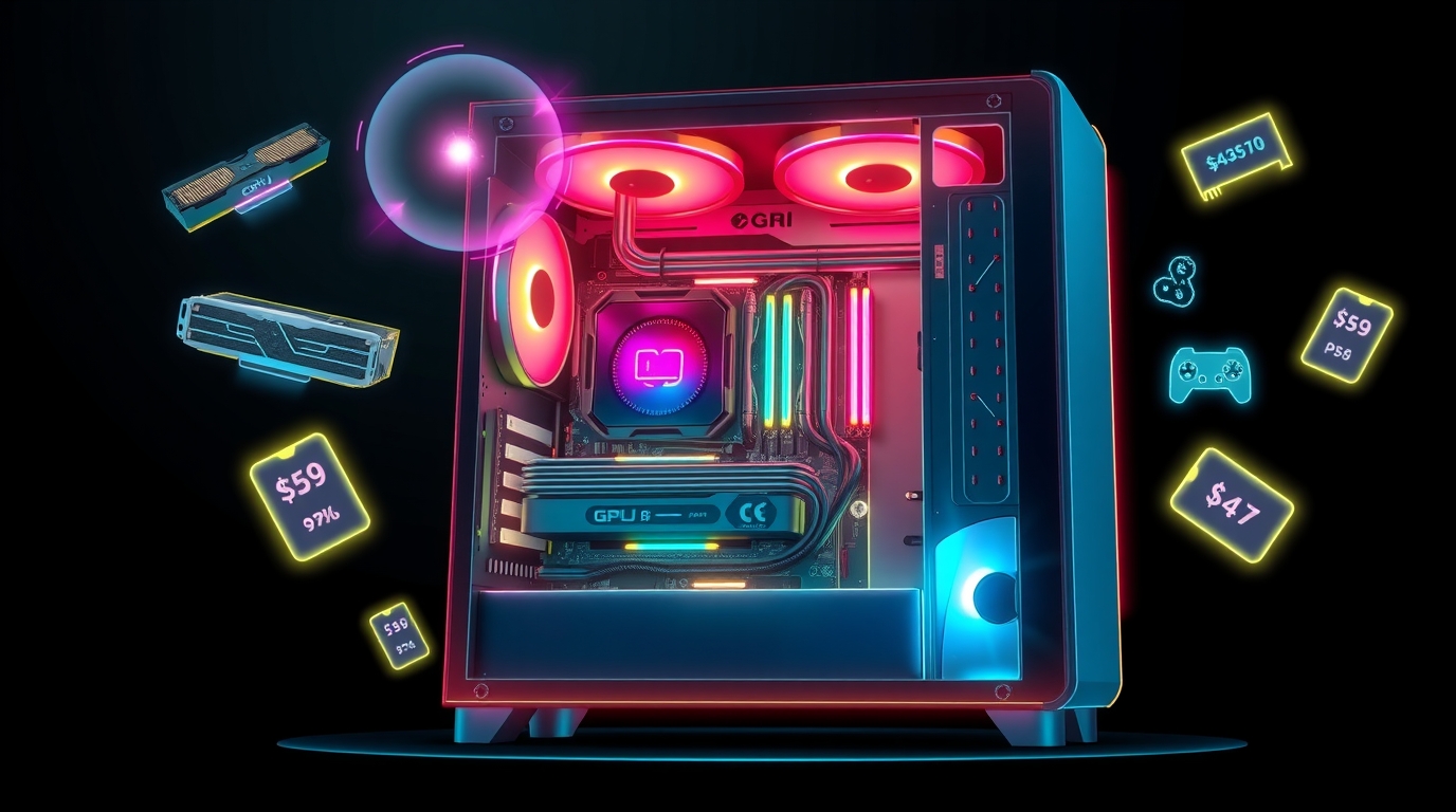 High-quality digital illustration of a custom gaming PC build setup