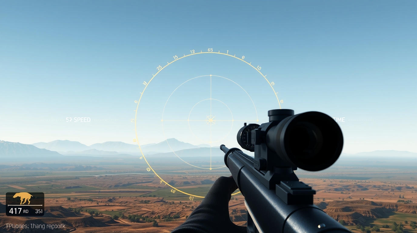 Realistic first-person shooter themed digital illustration focused on bullet physics and trajectory